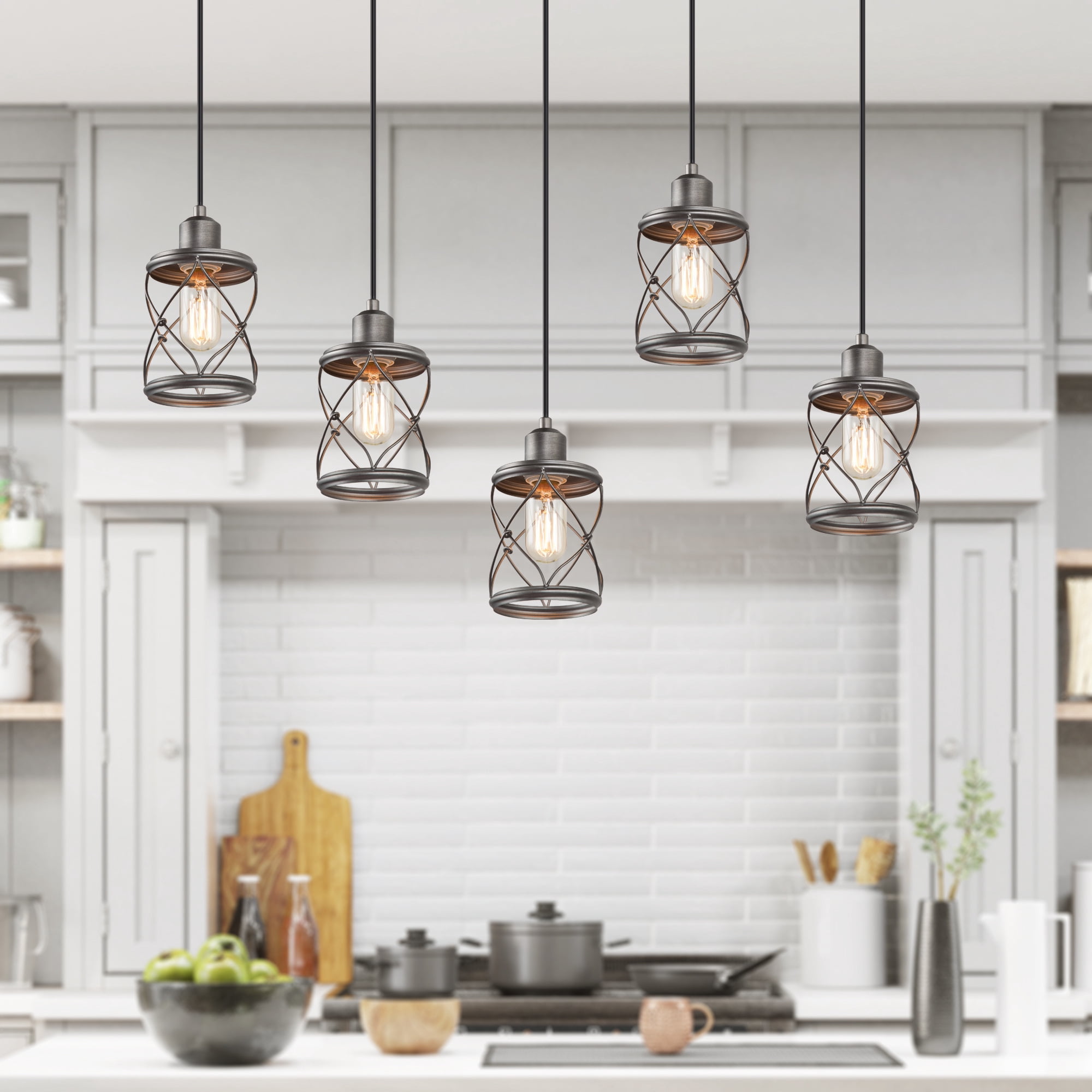 LNC Farmhouse Mini Pendant Light with Brushed Silver Cage for Kitchen Island or Foyer