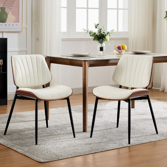 Gaderth Dining Chairs Set of 2, Mid Century Modern PU Leather Kitchen Dining Chairs with Walnut Bentwood Back, Upholstered Side Chairs with Metal Legs and Adjustable Feet for Dining Room Home Office