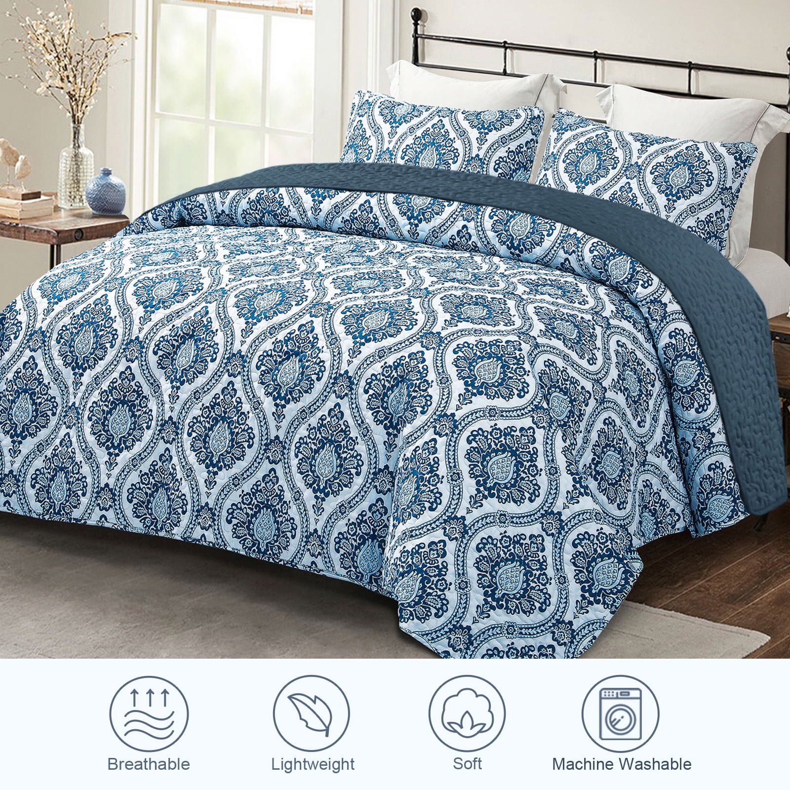 Exclusivo Mezcla 3 Pieces King Size Boho Damask Quilt Set, Microfiber Lightweight Bedspreads/ Coverlet/ Bedding Set with 2 Pillow Shams (96"x 104", Navy)