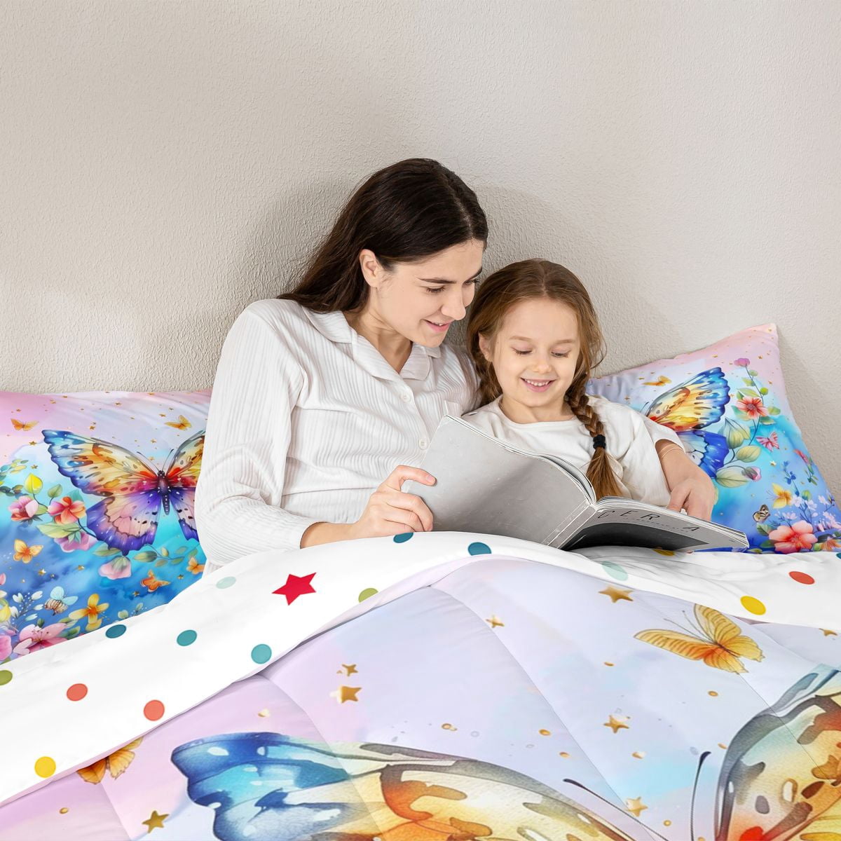 Homewish Cartoon Butterflies 7pcs Bedding Comforter Set,Rustic Plant Flowers Queen Bedding Sets,Blue Pink Queen Sheet Sets For Girl Teens,Breathable Home Decor Reversible