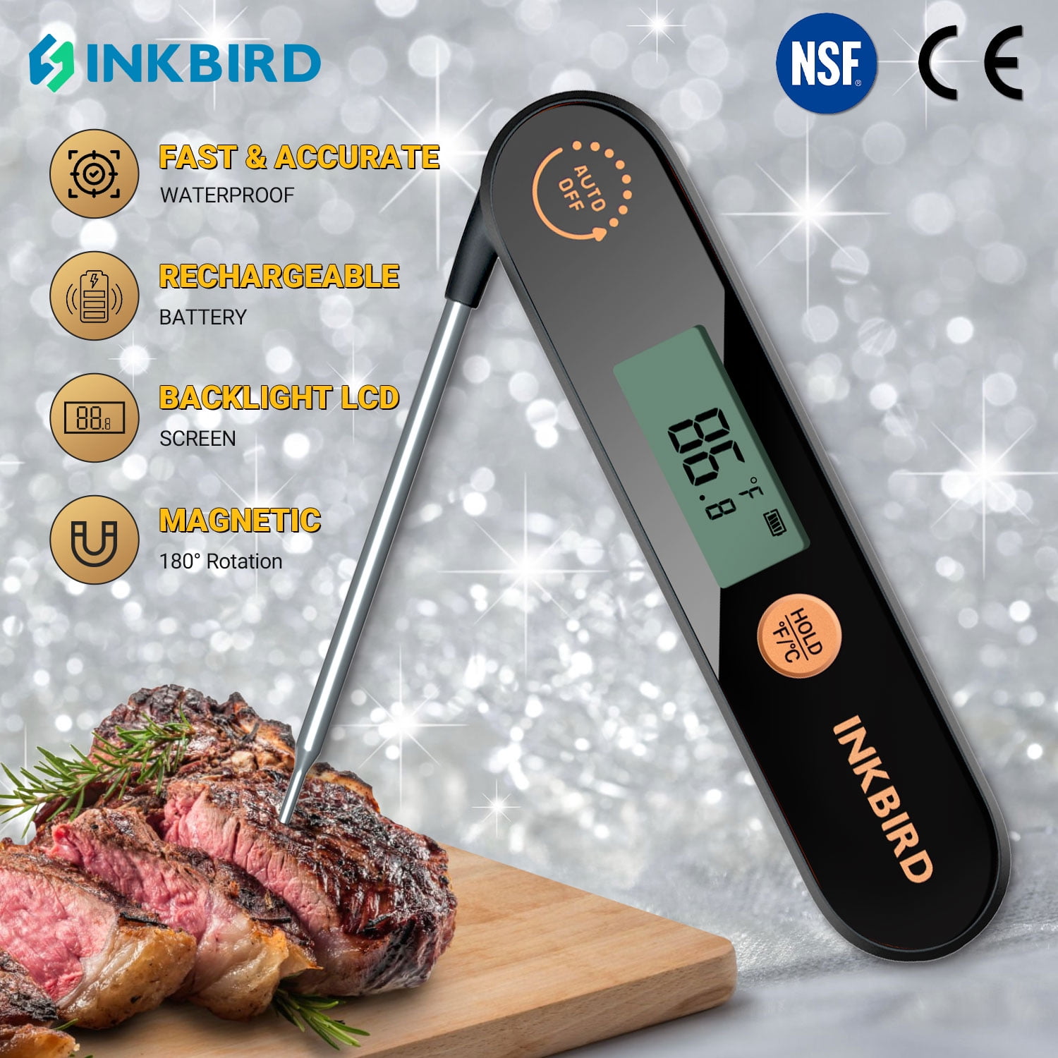 INKBIRD Meat Thermometer with Stainless Steel Probe and LCD Display, Foldable Probe Instant Read Waterproof Digital Food Thermometer , -58°F to 572°F