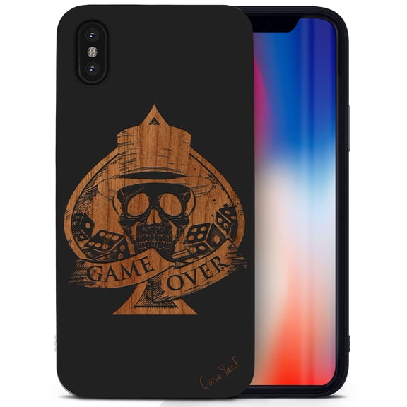 Case Yard Wooden Case for iPhone-X Soft TPU Silicone cover Slim Fit Shockproof Wood Protective Phone Cover for Girls Boys Men and Women Supports Wireless Charging Game Over Design