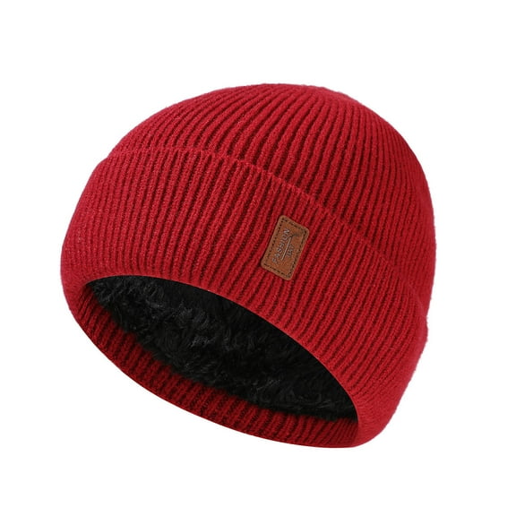 Xfvqtps Beanie for Mens Knitted Plush Lining Stretch Soft Thickened Windproof Coldproof Warm Outdoor Winter Skull Cap Red