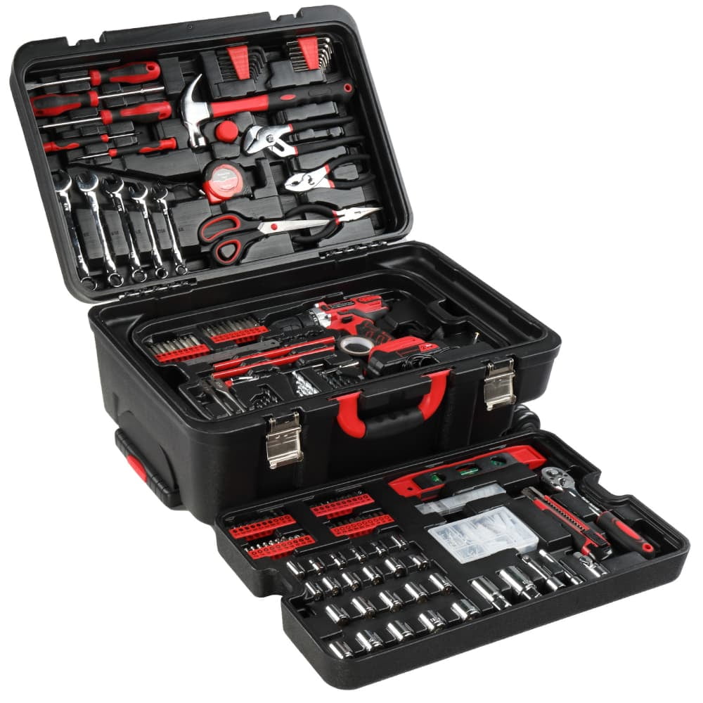 Tcbosik 599pcs Household Repair Tool Set with Rolling Trolley Case, Home Hand Tool Kit, General Tool Set for Homeowner, DIYer, Handyman, Black