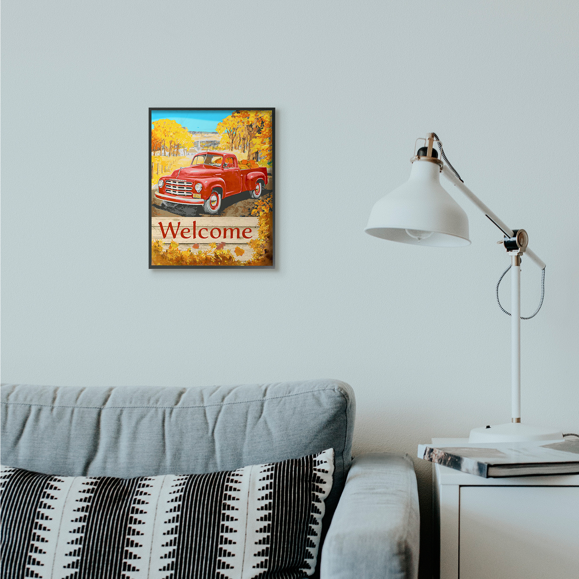 Stupell Industries Welcome Red Truck Fall Autumn Landscape Design Framed Wall Art by The Saturday Evening Post, 11" x 14", Black Framed