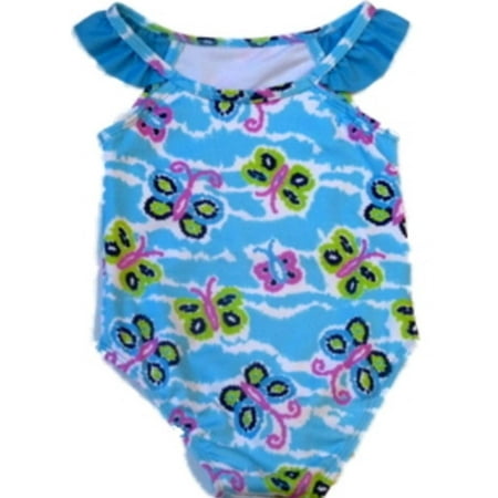 

Bunz Kids Infant Girls Blue 1 Piece Swim Suit Ruffle Butterfly Bathing
