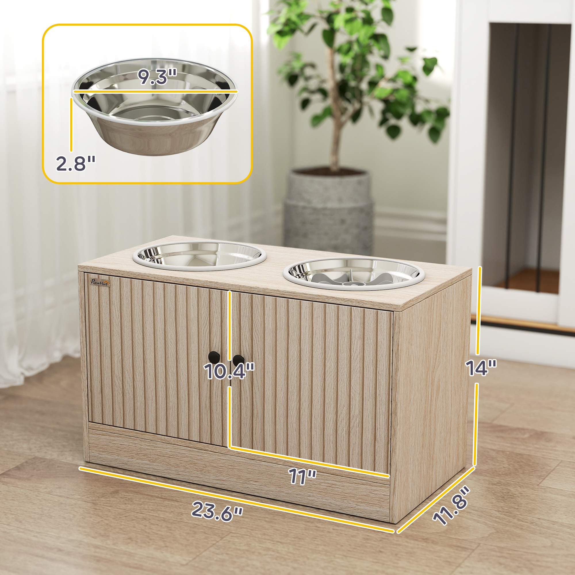 PawHut Elevated Dog Bowls with Storage Cabinet, Raised Dog Bowl Stand, Dog Feeding Station with 2 Stainless Steel Bowls, Slow Feeder, Oak