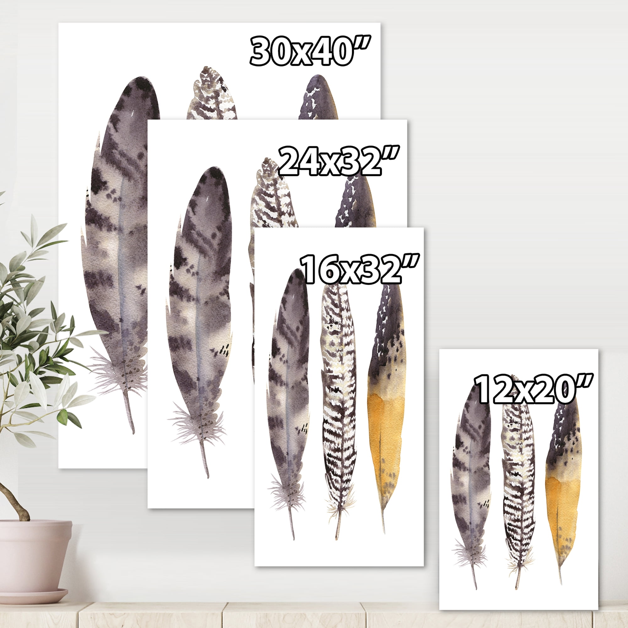 Boho Ethnic Art Dark Gray Feathers III 8 in x 12 in Painting Canvas Art Print, by Designart
