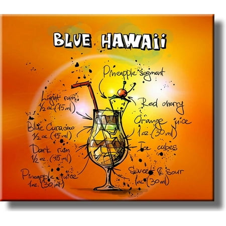 Blue Hawaii Recipe Drink Picture on Stretched Canvas, Wall Art Decor, Ready to