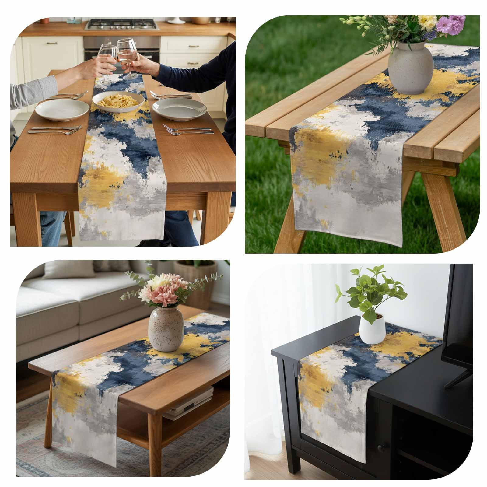 Abstract Art Table Runner 13x120 inch Watercolor Blue Yellow Blending Cotton Linen Dining Table Runner Ideal for Dresser Kitchen Coffee Tables - Machine Washable