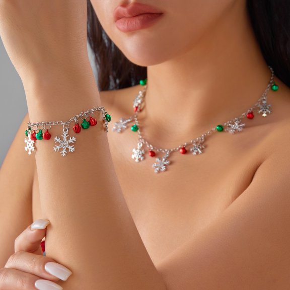 NICKSUN Christmas Snowflake Bracelet Necklace Set Rhinestone Snowflake Collar Necklace Red Green Jingle Bell Bracelet Xmas Christmas Festival Holiday Jewelry Gifts