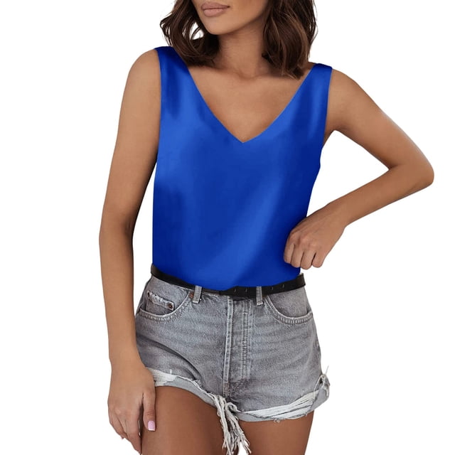 Camiseta sin mangas de seda satinada con cuello en V para mujer - Blusa básica de tirantes de poliéster para verano con estampado floral