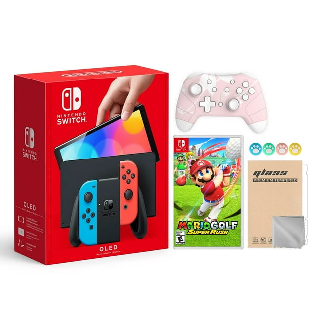 2021 New Nintendo Switch OLED Model Neon Red & Blue Joy Con 64GB Console HD Screen & LAN-Port Dock with Mario Golf: Super Rush And Mytrix Wireless Switch Pro Controller and Accessories Nintendo HEGSKABAA