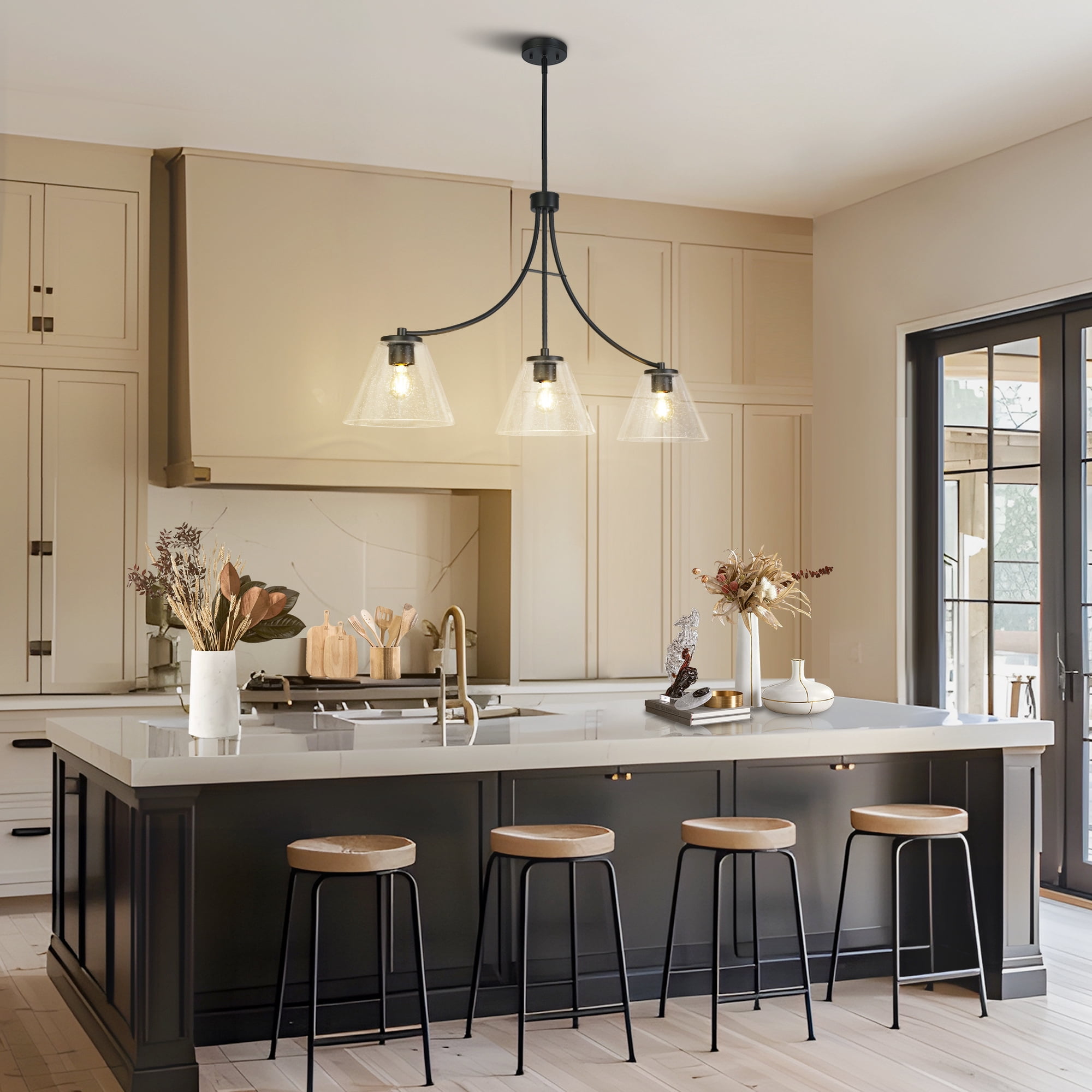 LNC Pulpmille 3 -Light 42''L Matte Black and Seeded Glass Farmhouse Seeded glass Linear Large Hanging Kitchen Island Light