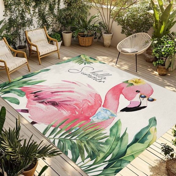 Summer Green Palm Leaf Outdoor Rug 3x5 Ft - Reversible Patio Rug Outdoor Camping Rugs, Pink Flamingo Tropical Plant Washable Indoor Outdoor Area Rugs, Non-Slip Outdoor Carpet Runner for Deck/Porch