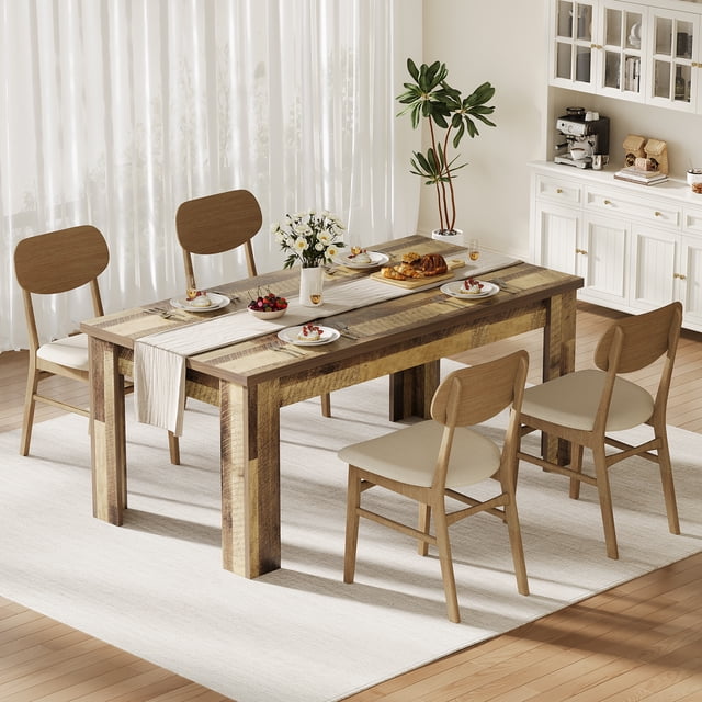 Heavy Duty Farmhouse Dining Table for 4-6 – Sturdy Wood Rectangular Design – 1.18'' Thick Top & 4.53'' Sturdy Legs – Easy Assembly – Rustic Brown – Ideal for Dining Room or Kitchen