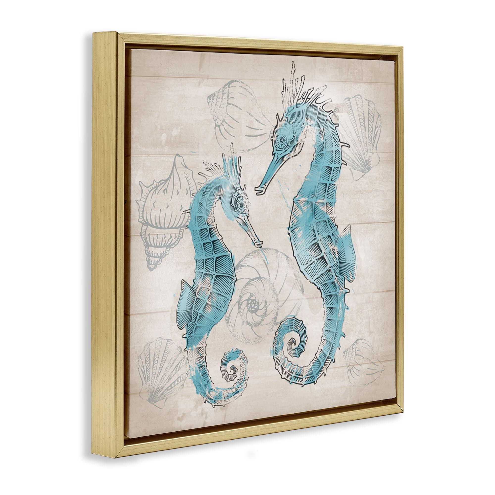 Stupell Industries Blue Seahorses on Rustic Animals Painting Gold Floater Framed Canvas Art Print Wall Art, 25 x 25