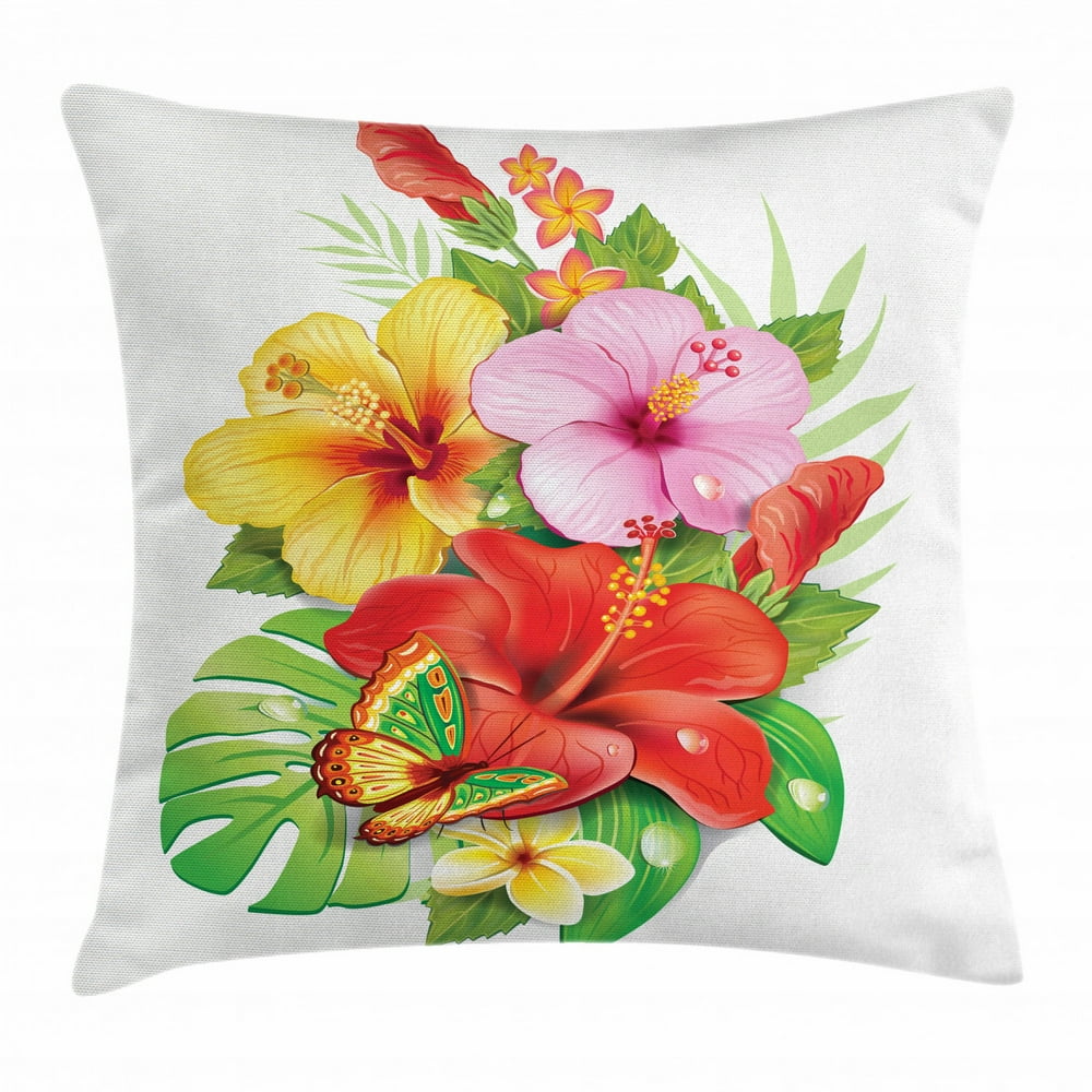Hawaiian Throw Pillow Cushion Cover, Bouquet of Colorful Hibiscus
