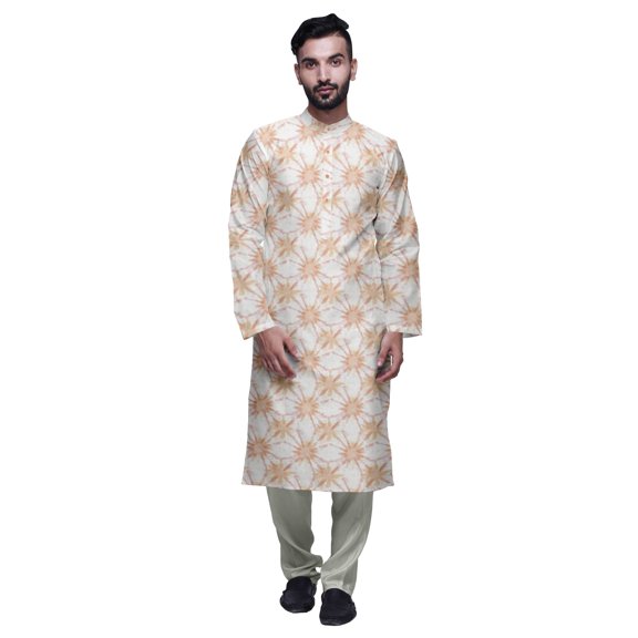 Atasi Button Placket Satin Slub Printed Mens Kurta With Churidar Kurta