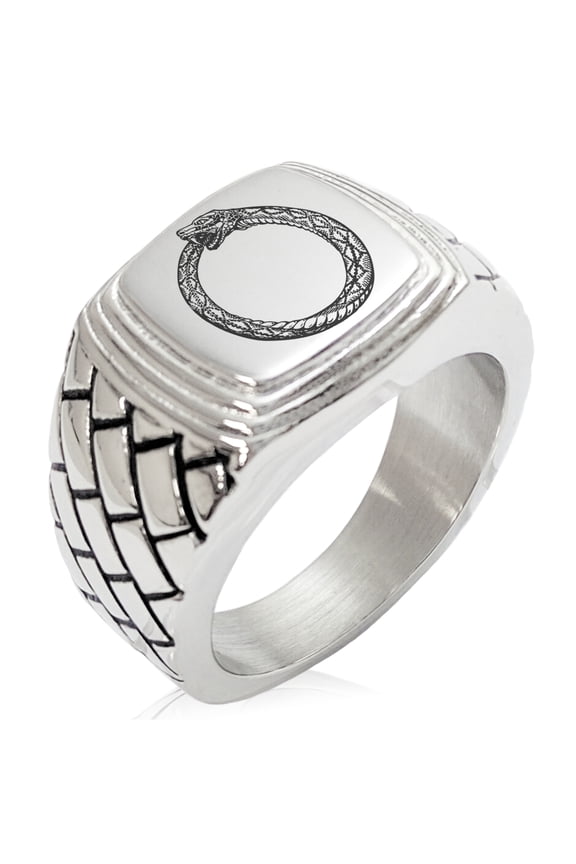 Stainless Steel Greek Mythology Ouroboros Geometric Pattern Step-Down Biker Style Polished Ring