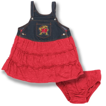 Maryland Terrapins Colosseum Girls Infant Sandlot Overall Dress & Bloomer Set - Red/Denim