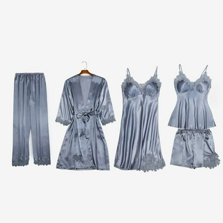 

QWZNDZGR Satin Sexy Robe sets Women Sleepwear Solid color Sleep Tops Lace Kimono Bathrobe Female Homewear Femme Nightwear Night Dress