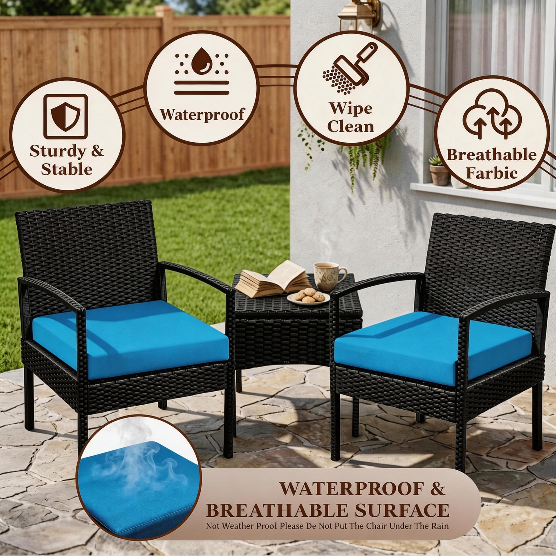 Tappio 3 Pieces Patio Conversation Set Outdoor Furniture Set, Patio Bistro Set All-weather Wicker Chairs and Table with Cushions, Blue