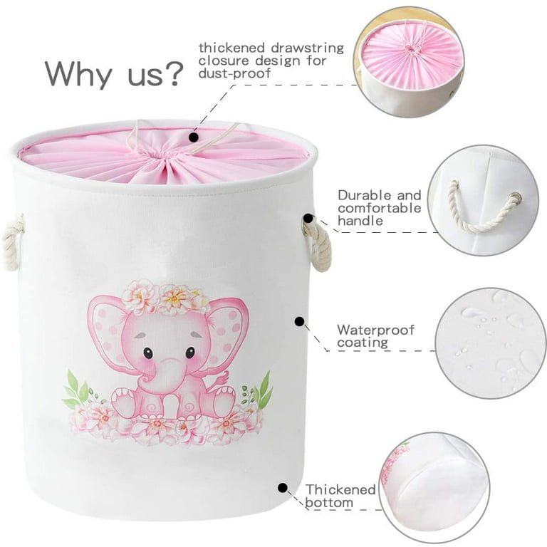 Pink Baskets Laundry Baskets Kids Laundry Hamper Pink Baby Hamper Elephant Basket Large Collapsible Kids Hamper with Handles Waterproof Storage