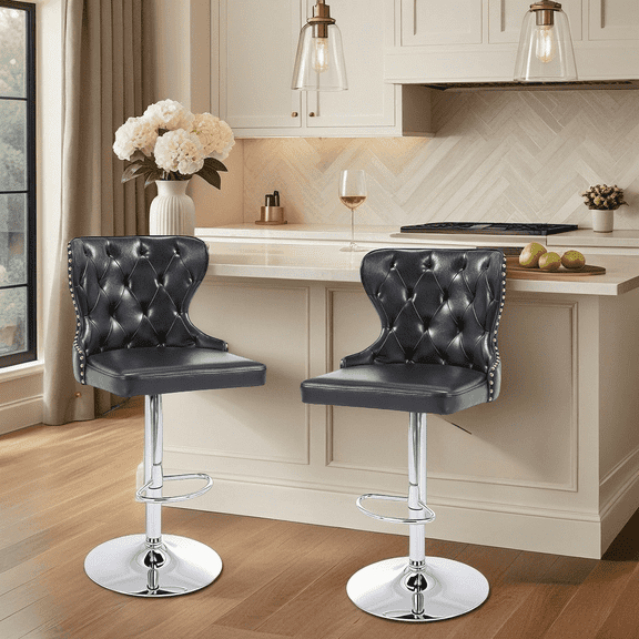 Set of 2 Adjustable Swivel Bar Stools,Faux Leather Upholstered Counter Height Chairs with Nailhead Trim, Silver Footrest, and High Back for Kitchen Island, Home Bar, Dining Room, Cafe,Black