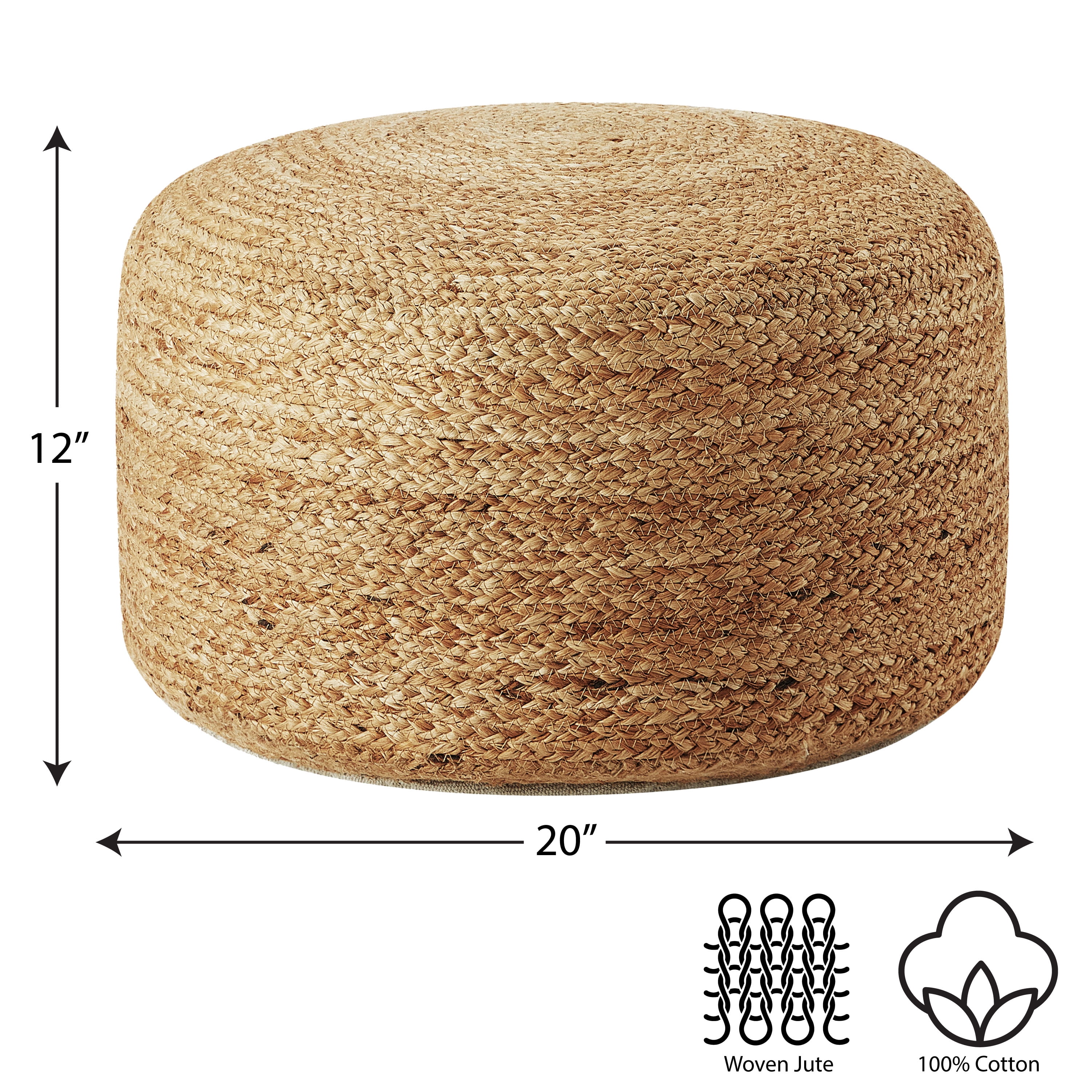 Home Decor Collection Stylehouse 100% Cotton Natural Jute Pouf, 12" H x 20" W