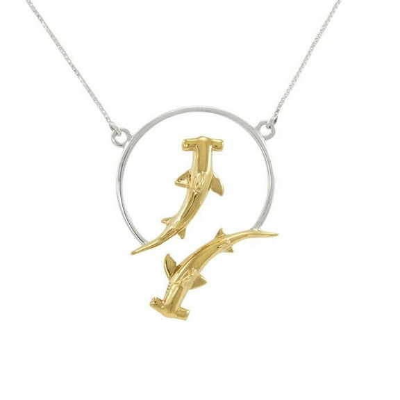 Double Hammerhead Shark 925 Sterling Silver Necklace Beach Jewelry Gold Accent