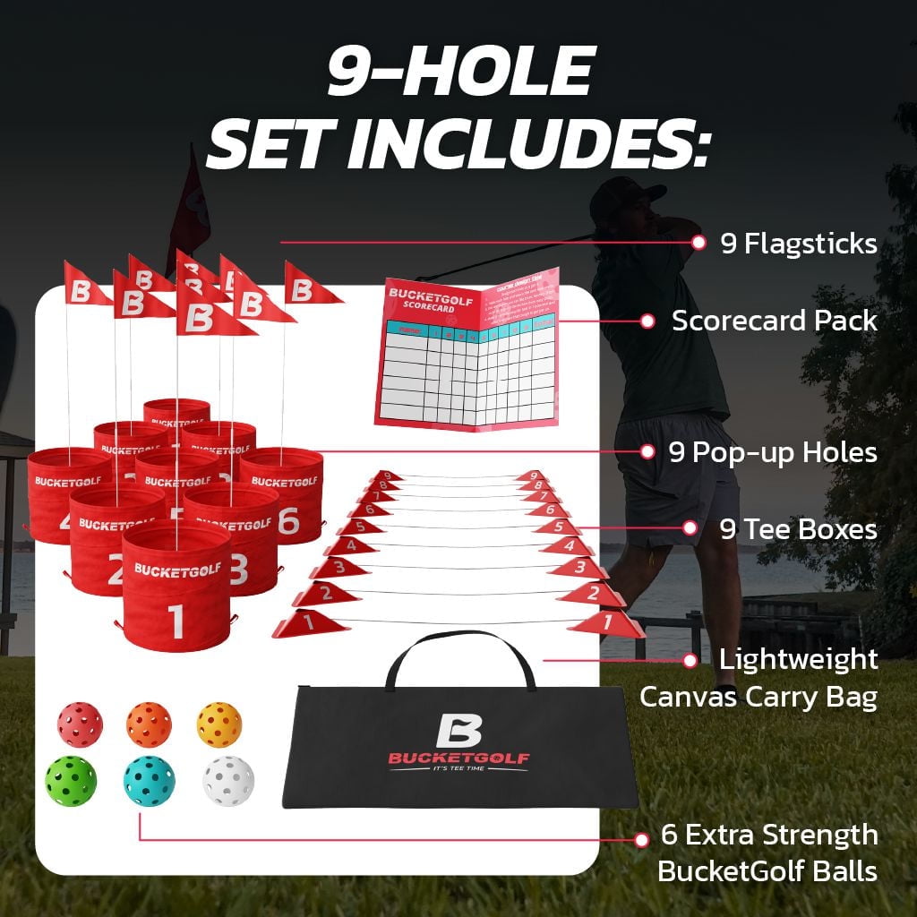 BucketGolf Pro 9 Hole Course - The Ultimate backyard golf game for levels, adults, kids and families. Play on vacation, park, beach, camping and more.