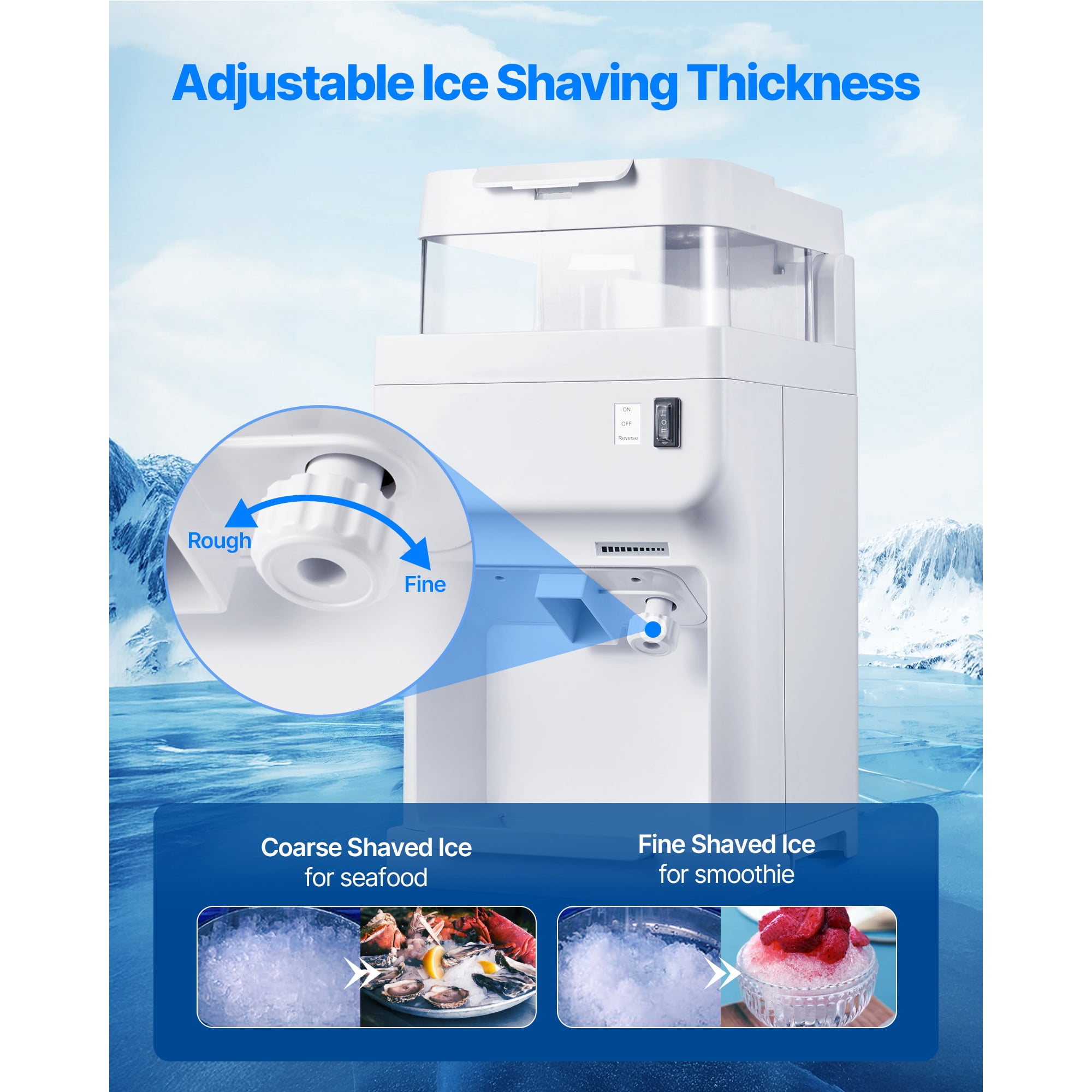 KFFKFF Electric Ice Shaver and Crusher, 220lbs/Hour Snow Cone Machine with 8L Ice Storage, 350W 1500RPM Countertop Shaved Ice Maker for Home, Events, and Business Use (White)