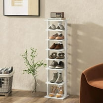 PRZL 7 Tier Vertical Shoe Rack, Tall Shoe Tower w/Anti-Toppling Devices, Free Standing Racks for Small Spaces, Narrow Shelf for Closet, Entryway (White, Single Row)