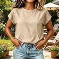 thumbnail image 6 of GZWYHT Linen Tops for Women Short Sleeve Kangaroo Pocket T-Shirt Crewneck Sweatshirts Lightweight Casual Athletic Work Tee Beige L, 6 of 7