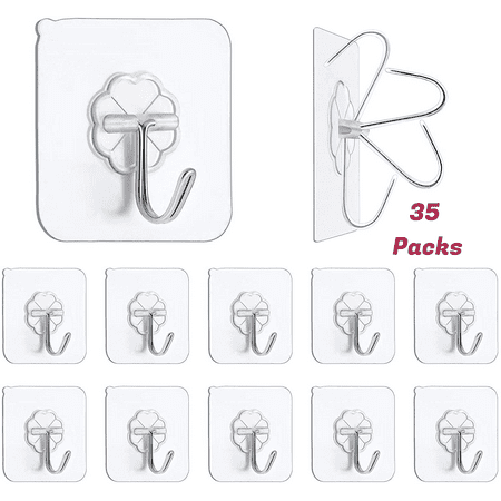 

35 Packs Adhesive Wall Hooks Hangers 22lb(Max) Transparent Reusable Heavy Duty Sale 4992