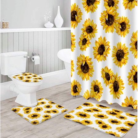 ZHANZZK Sunflower 4 Piece Bathroom Set Shower Curtain Bath Rug Contour Mat and Toilet Lid Cover