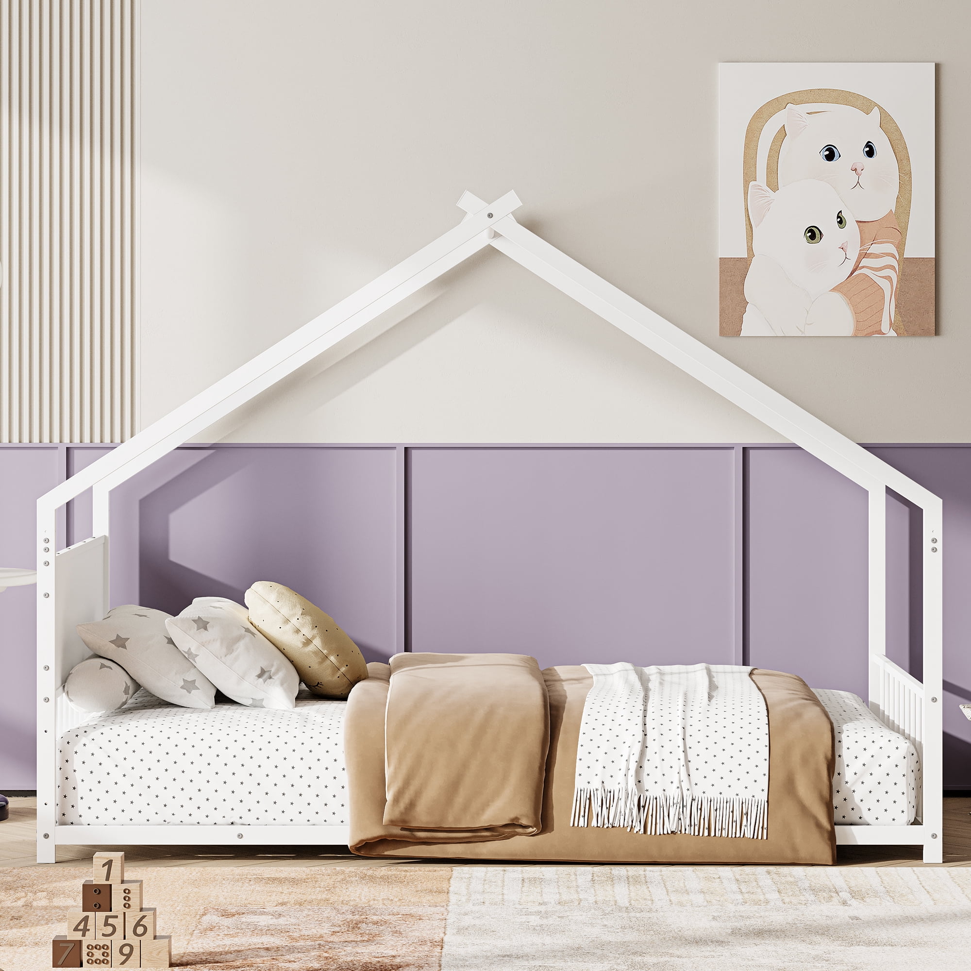 Euroco Metal  Twin Size House Bed with LED Lights, Floor Bed with Roof Design, White