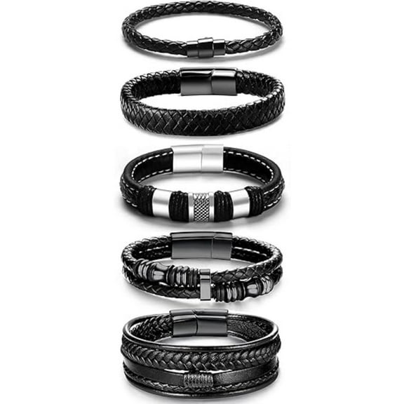 5pcs Unisex Black Leather Bracelets, 316L Stainless Steel Clasp, Braided Cuff Design, Multi-Style Wristbands for Daily Wear/Gifts