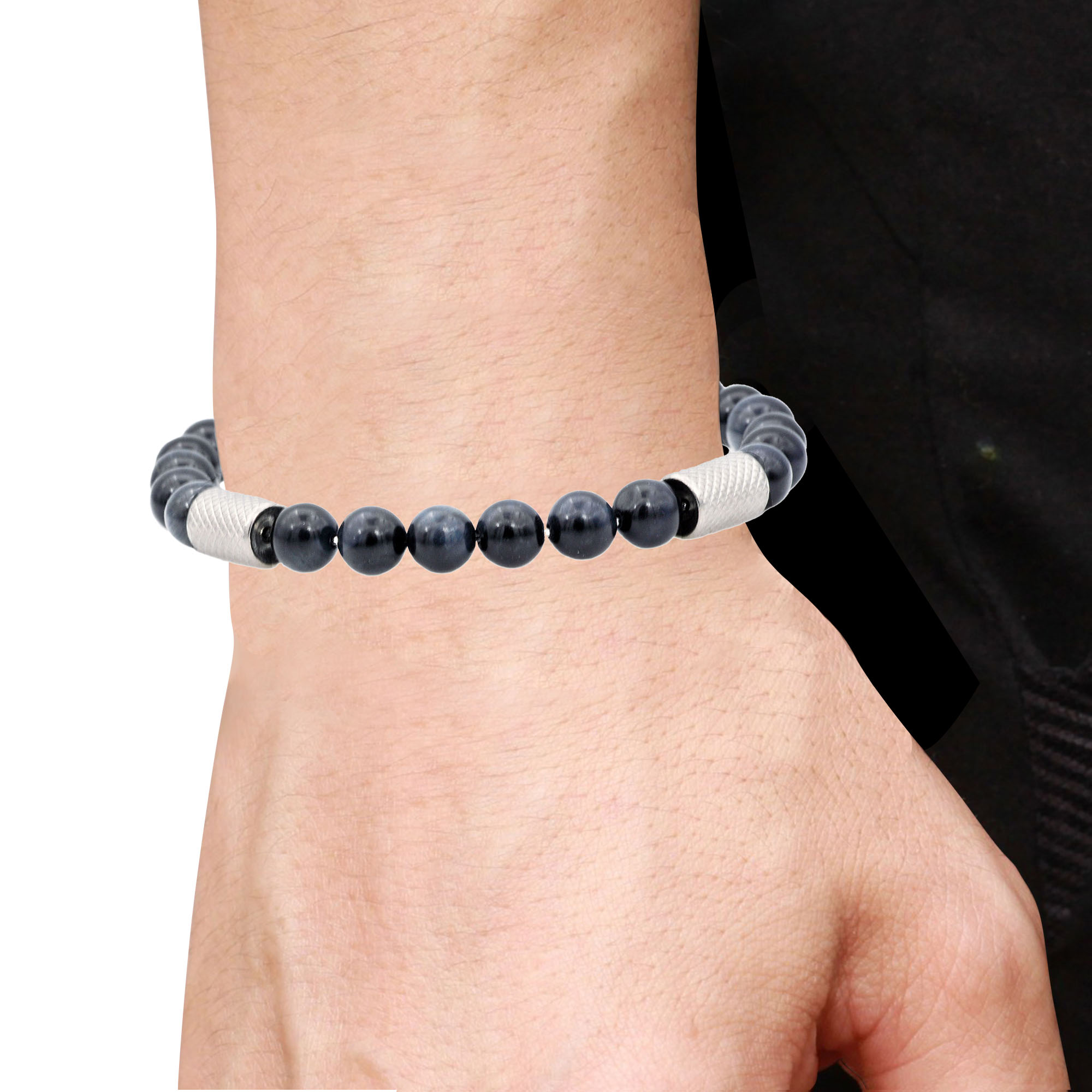 Arista Genuine Blue Tiger Eye Bead Bracelet in Stainless Steel ,8"