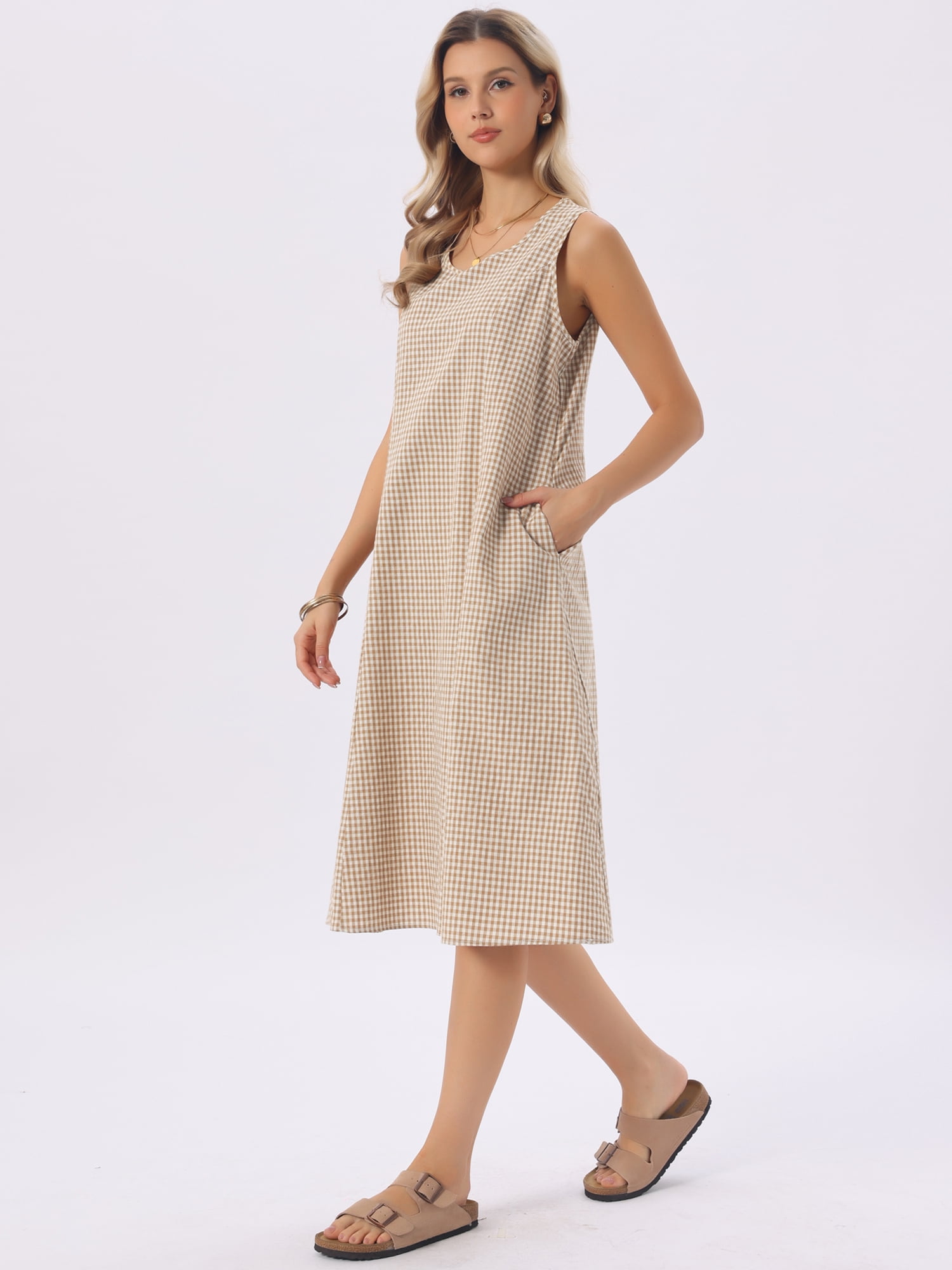 DARING DIVA Plaid Sleeveless Loose Fit Tank Midi Dress X-Large Brown