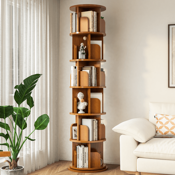 6-Tier Rotating Bookshelf, Wood Bookcase with 360°Spin, Wooden Rotating Book Tower, Spinning Corner Bookshelf for Small Space, Bedroom, Office