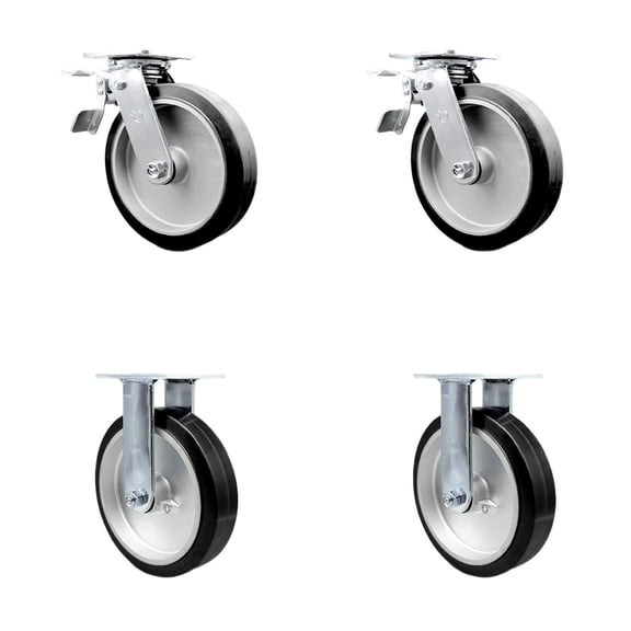 8 Inch Rubber on Aluminum Caster Set with Ball Bearings 2 Brakes 2 Rigid SCC
