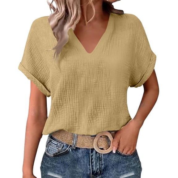 Enridrech Cotton Blouse for Women Fashion V Neck Shirt Tops Comfort Summer Short Sleeve Casual Loose Solid Color Top