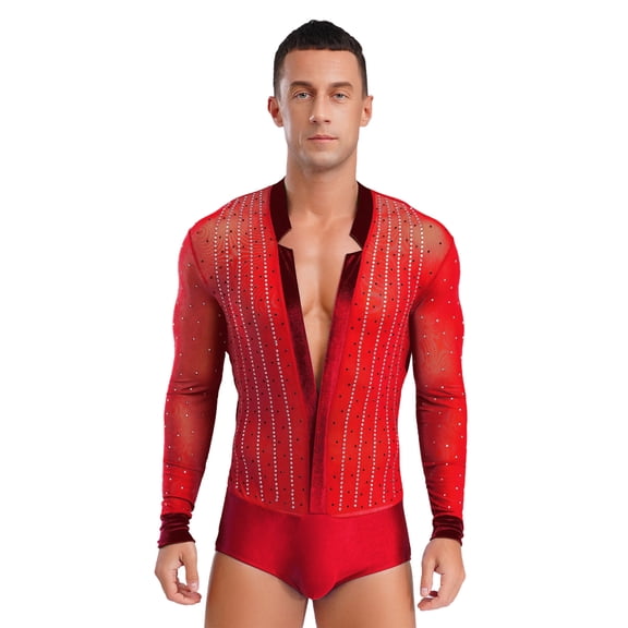 Xnihocha Men's Shiny Latin Jazz Dance Leotard Top Deep V-neck Long Sleeve Bodysuit Shirt Ballroom Red XXL