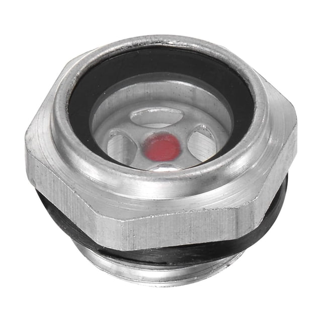 vidrio de nivel de aceite para compresor de aire uxcell g1/2 vidrio templado para compresor de aire. Vista frontal centrada del vidrio templado con punto rojo en cuerpo de aleación de aluminio tono plateado; rosca G1/2 y junta tórica negra visibles, adecuado para observar aceite y otros líquidos en compresores, tanques, bombas y sistemas de tuberías.