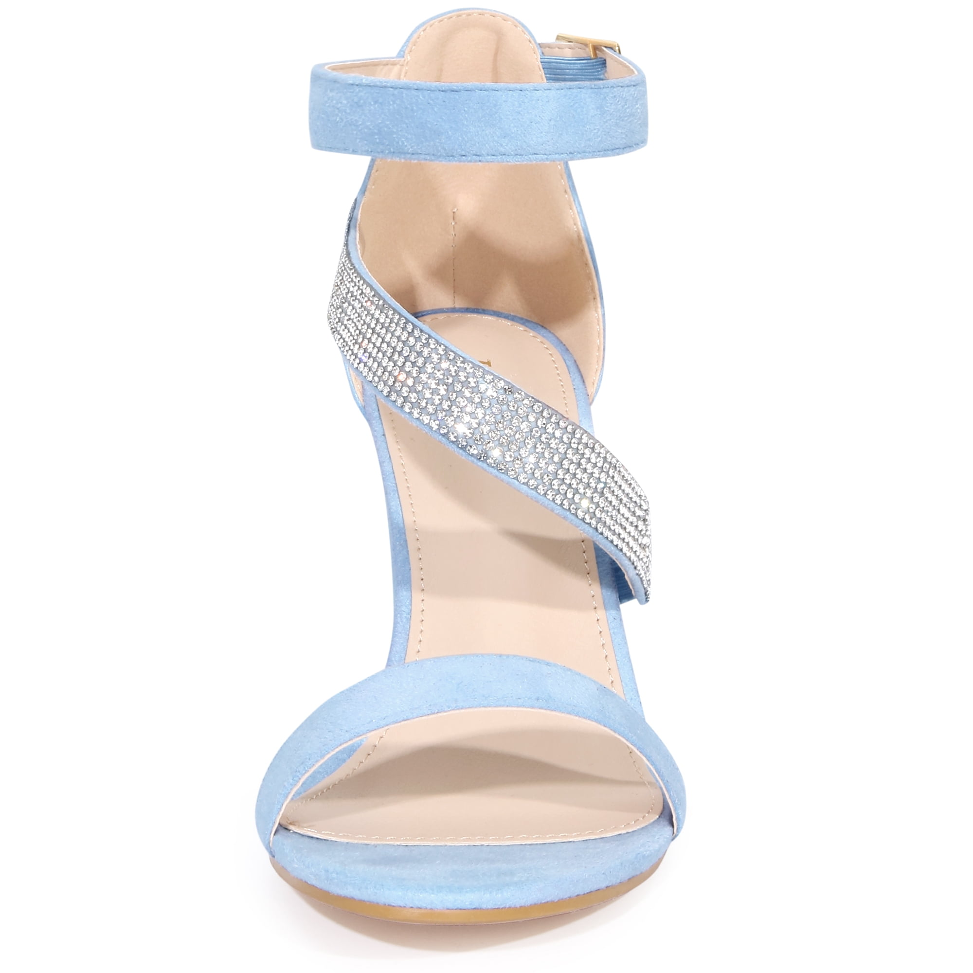 Stylish Women's Rhinestone Open Toe Block Heels Sandals for Any Occasion Sky Blue 8.5