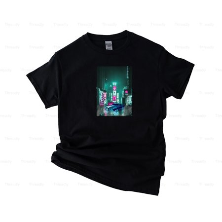 Threadly83 Neon Tokyo Night Drive Synthwave Retro 80s Music Vaporwave Graphic Car T-Shirt, SW, Hoodie, for Unisex, up to size 5XL.