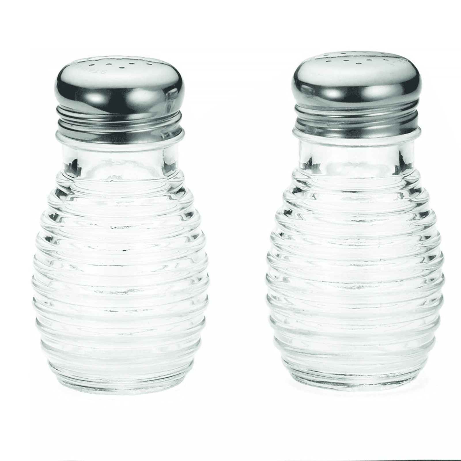 Textured Glass Salt and Pepper Shakers Vintage-Retro Style Stainless Steel Lids 