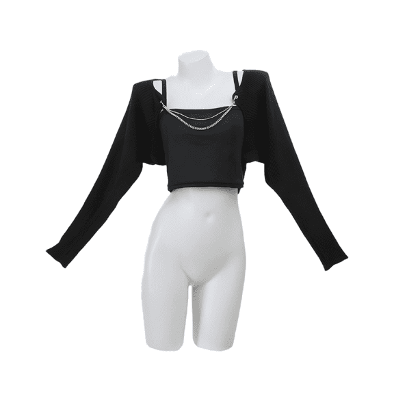 Micotaku Women's Black Long Sleeve Crop Knit Cardigan with Chain, S